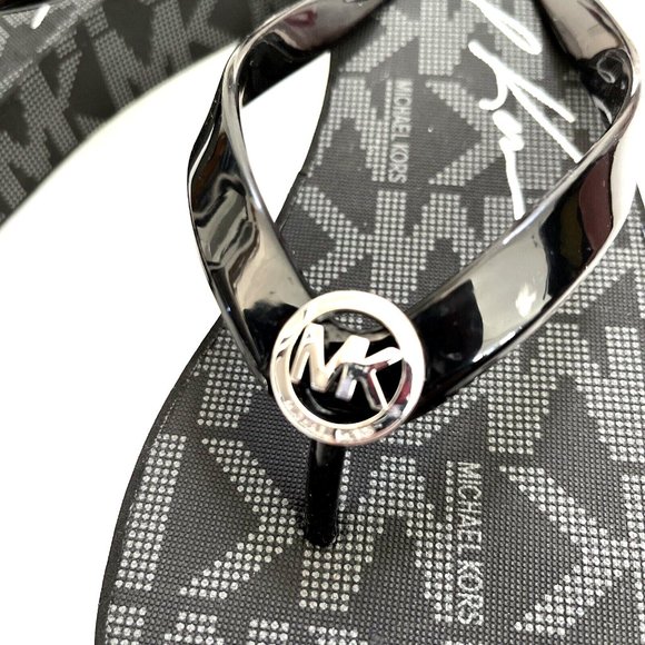 NWOB MICHAEL KORS Graphic Flip-Flop Wedge Sandals Slide On Thong Black - Picture 2 of 8